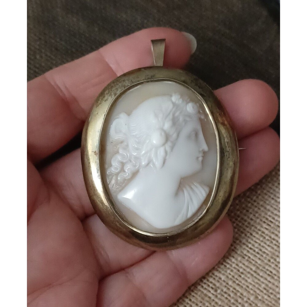 Antique 1800's Large Sterling Silver Carved Cameo Goddess Brooch Pin Pendant